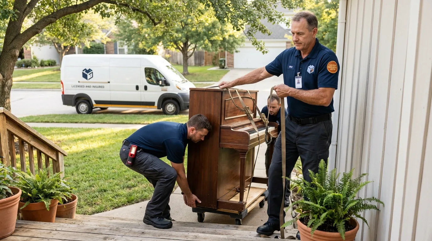 Licensed piano movers securing grand piano in Hyattsville, MD