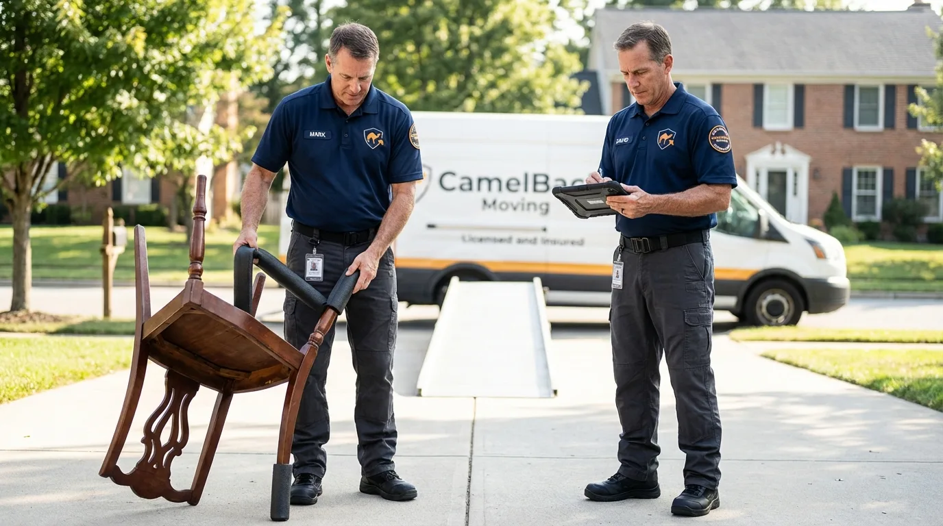 Movers inspecting furniture for damage prevention before loading in Hyattsville, MD